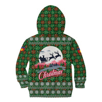 Guadeloupe Christmas Kid Hoodie with Green-Red Plaid Design, Sun and Sugarcane Emblem, and Santa Sleigh Motif - Wonder Print Shop