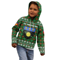 Guadeloupe Christmas Kid Hoodie with Green-Red Plaid Design, Sun and Sugarcane Emblem, and Santa Sleigh Motif - Wonder Print Shop