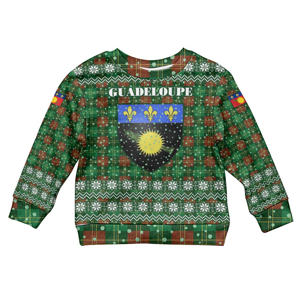 Guadeloupe Christmas Kid Ugly Christmas Sweater with Green-Red Plaid Design, Sun and Sugarcane Emblem, and Santa Sleigh Motif - Wonder Print Shop