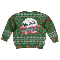 Guadeloupe Christmas Kid Ugly Christmas Sweater with Green-Red Plaid Design, Sun and Sugarcane Emblem, and Santa Sleigh Motif - Wonder Print Shop