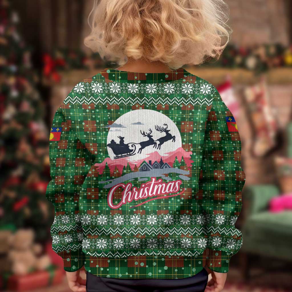 Guadeloupe Christmas Kid Ugly Christmas Sweater with Green-Red Plaid Design, Sun and Sugarcane Emblem, and Santa Sleigh Motif - Wonder Print Shop