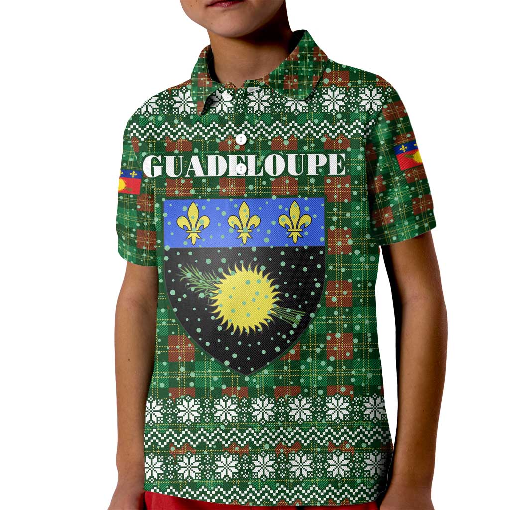 Guadeloupe Christmas Kid Polo Shirt with Green-Red Plaid Design, Sun and Sugarcane Emblem, and Santa Sleigh Motif - Wonder Print Shop