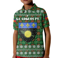 Guadeloupe Christmas Kid Polo Shirt with Green-Red Plaid Design, Sun and Sugarcane Emblem, and Santa Sleigh Motif - Wonder Print Shop