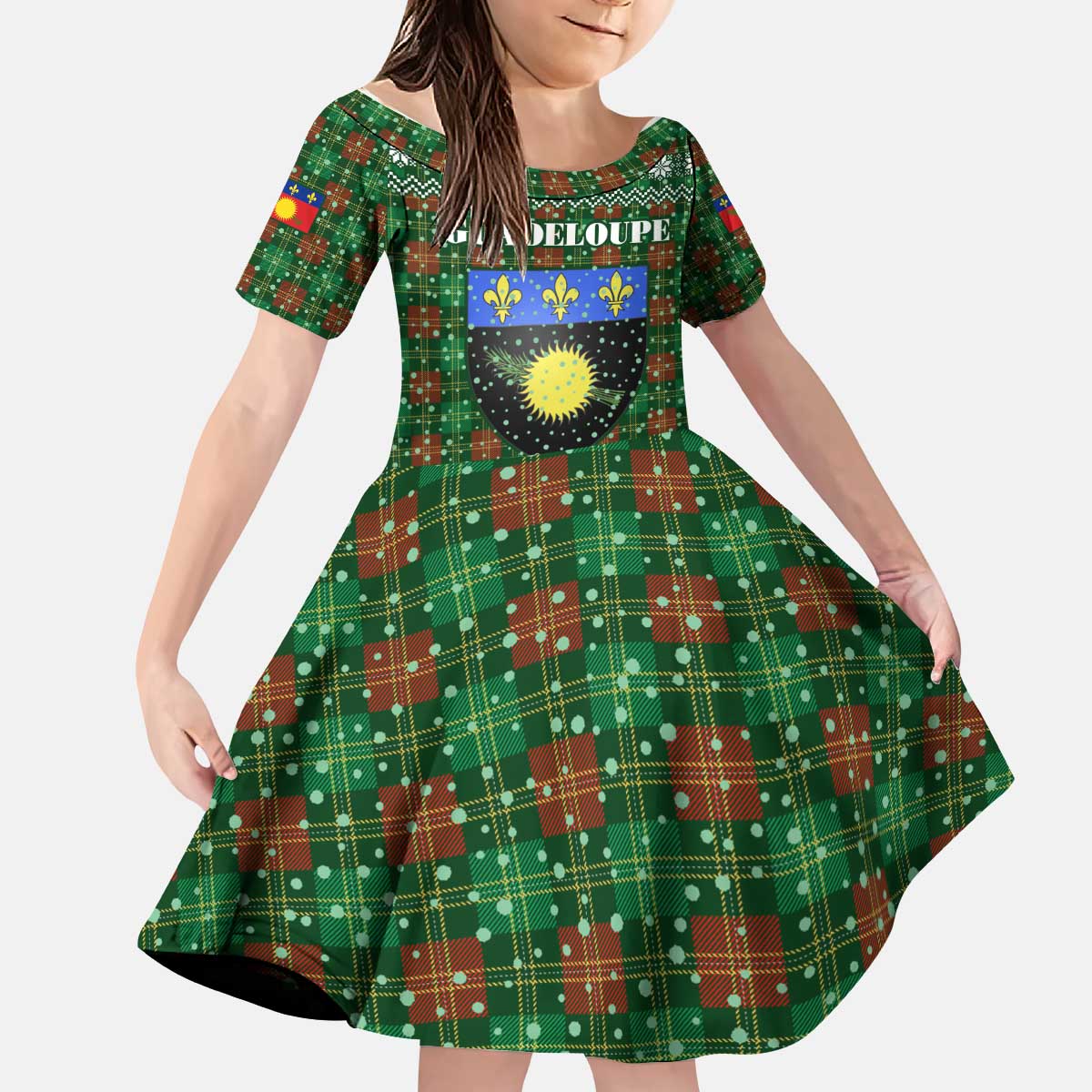 Guadeloupe Christmas Kid Short Sleeve Dress with Green-Red Plaid Design, Sun and Sugarcane Emblem, and Santa Sleigh Motif - Wonder Print Shop