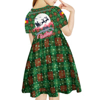 Guadeloupe Christmas Kid Short Sleeve Dress with Green-Red Plaid Design, Sun and Sugarcane Emblem, and Santa Sleigh Motif - Wonder Print Shop