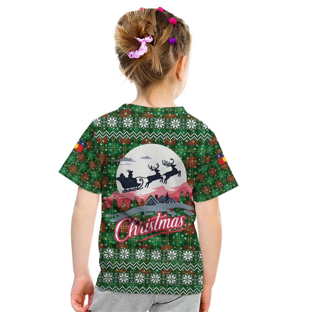 Guadeloupe Christmas Kid T Shirt with Green-Red Plaid Design, Sun and Sugarcane Emblem, and Santa Sleigh Motif - Wonder Print Shop