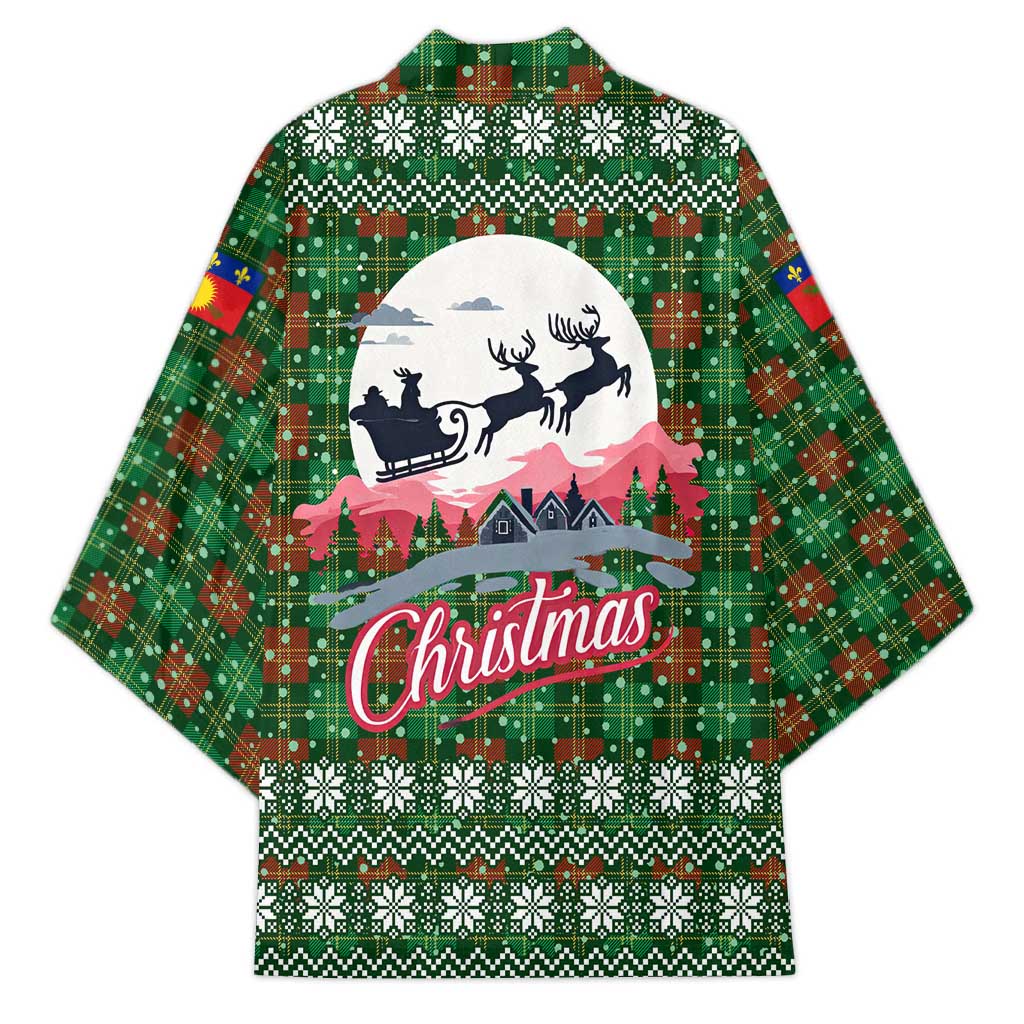 Guadeloupe Christmas Kimono with Green-Red Plaid Design, Sun and Sugarcane Emblem, and Santa Sleigh Motif - Wonder Print Shop