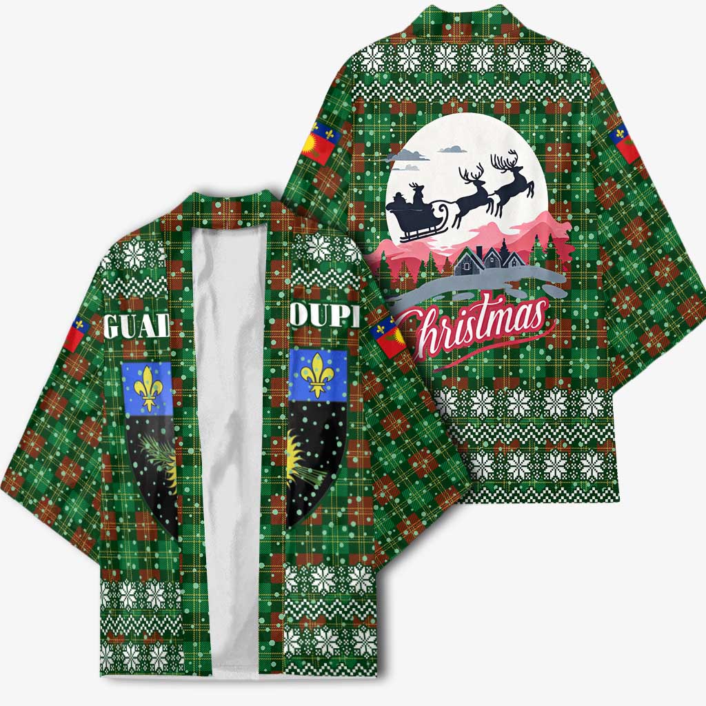 Guadeloupe Christmas Kimono with Green-Red Plaid Design, Sun and Sugarcane Emblem, and Santa Sleigh Motif - Wonder Print Shop