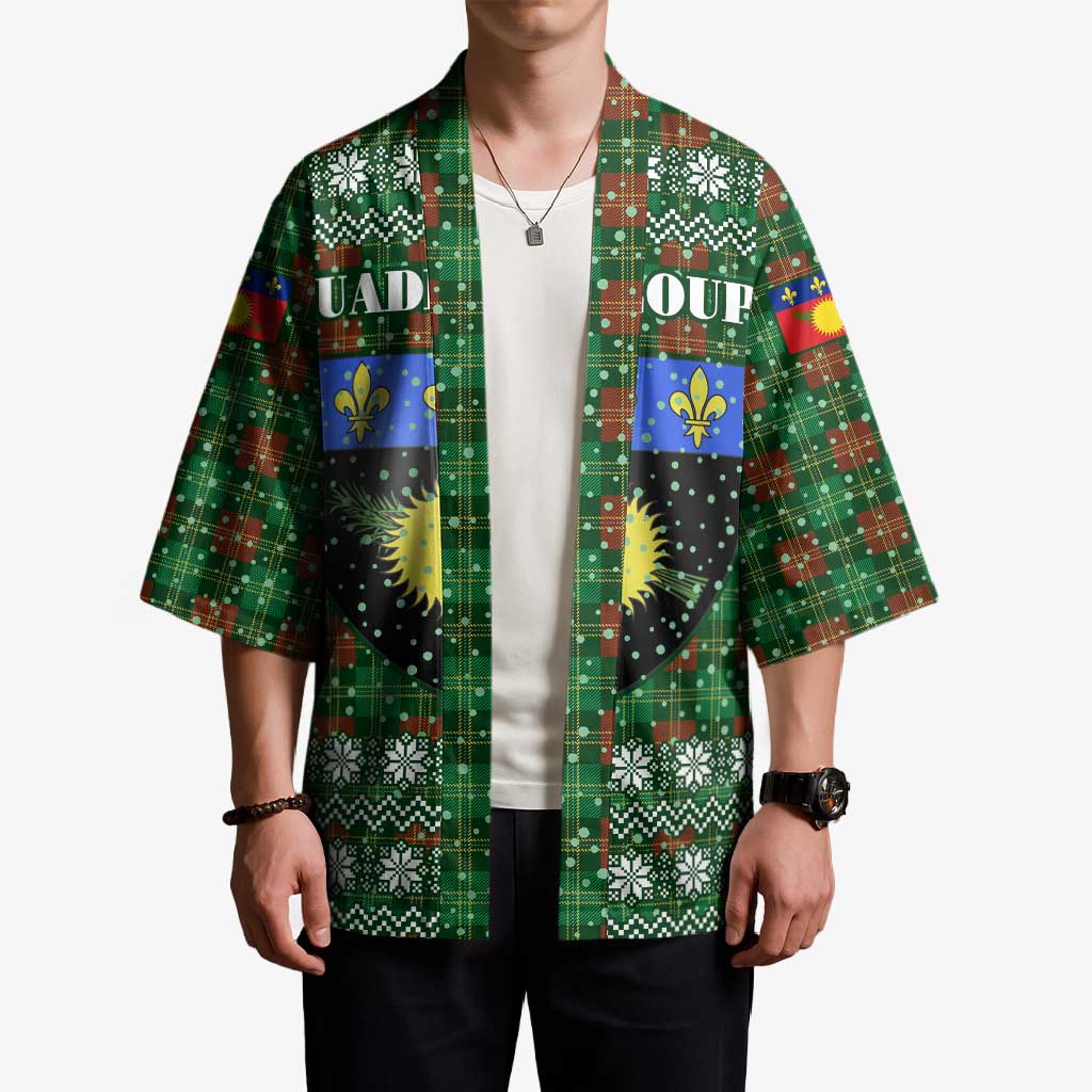Guadeloupe Christmas Kimono with Green-Red Plaid Design, Sun and Sugarcane Emblem, and Santa Sleigh Motif - Wonder Print Shop