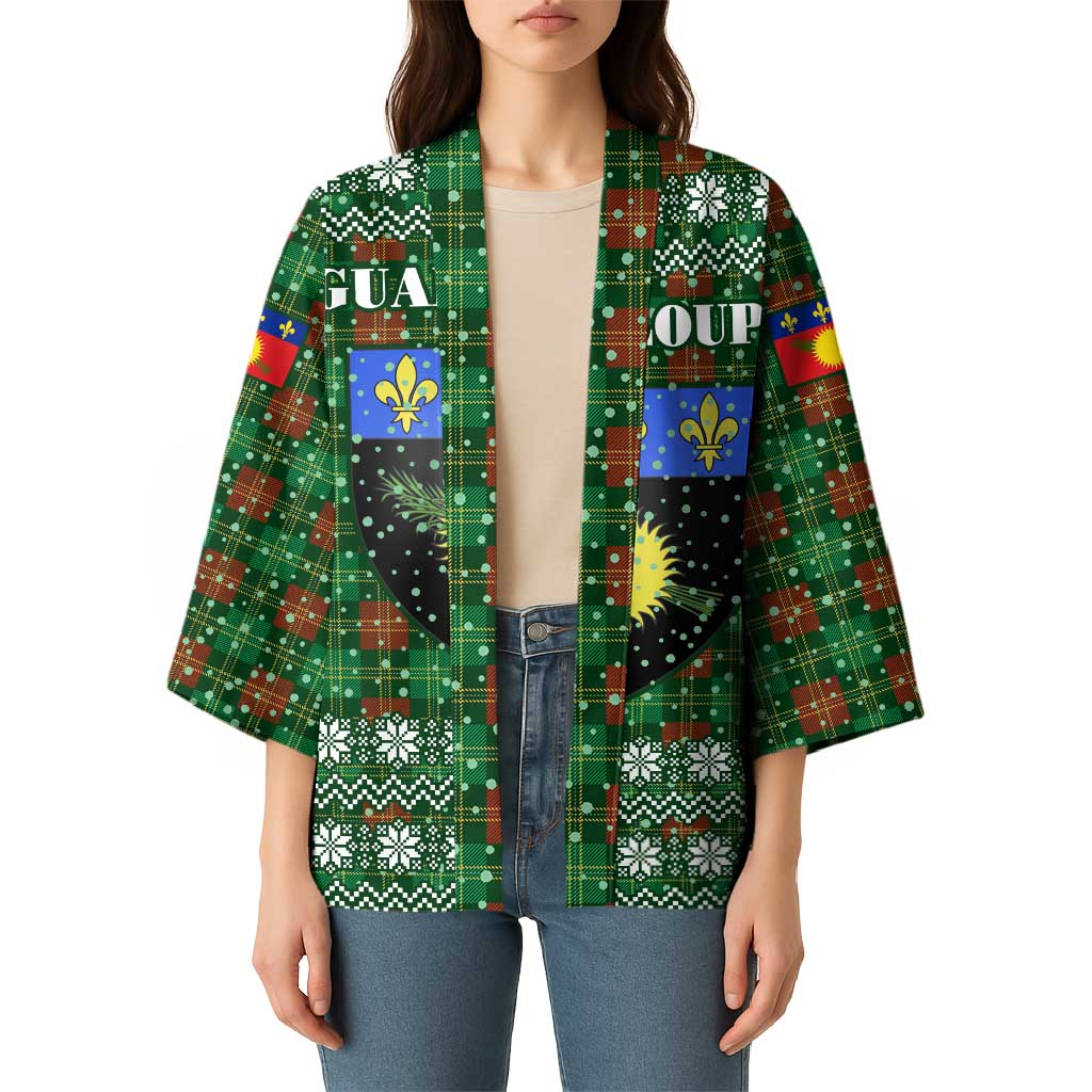 Guadeloupe Christmas Kimono with Green-Red Plaid Design, Sun and Sugarcane Emblem, and Santa Sleigh Motif - Wonder Print Shop