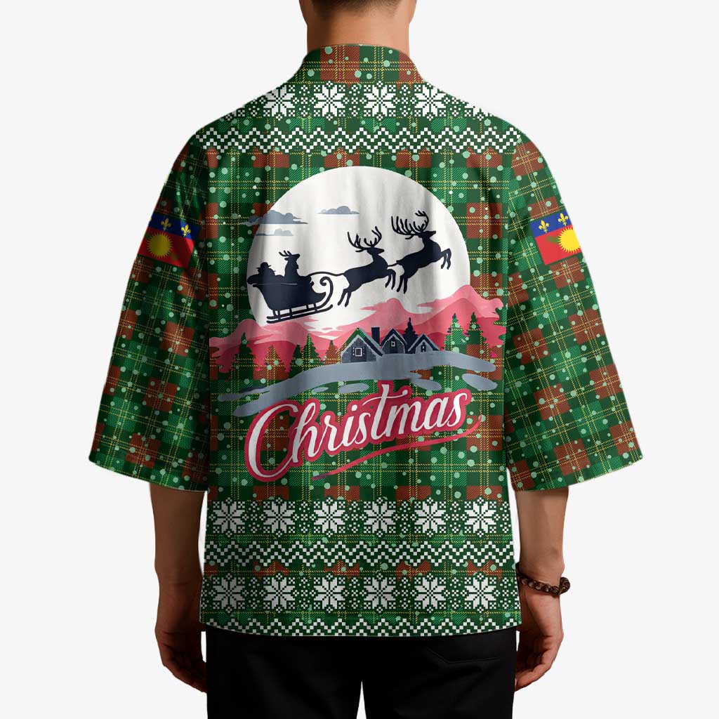 Guadeloupe Christmas Kimono with Green-Red Plaid Design, Sun and Sugarcane Emblem, and Santa Sleigh Motif - Wonder Print Shop