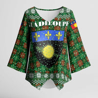 Guadeloupe Christmas Kimono Sleeve Blouse with Green-Red Plaid Design, Sun and Sugarcane Emblem, and Santa Sleigh Motif - Wonder Print Shop