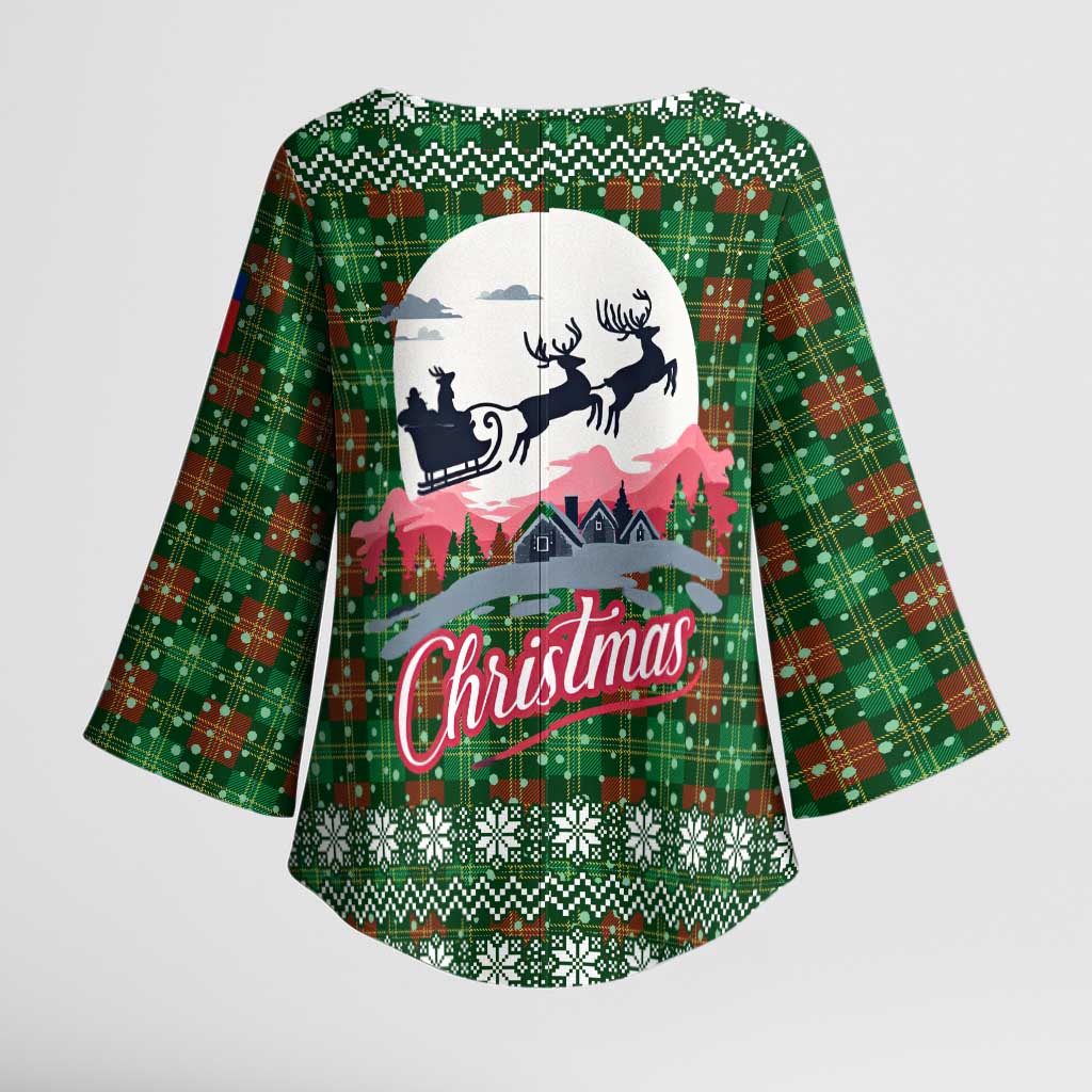 Guadeloupe Christmas Kimono Sleeve Blouse with Green-Red Plaid Design, Sun and Sugarcane Emblem, and Santa Sleigh Motif - Wonder Print Shop