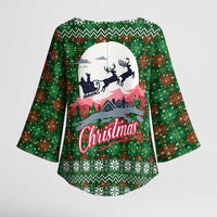 Guadeloupe Christmas Kimono Sleeve Blouse with Green-Red Plaid Design, Sun and Sugarcane Emblem, and Santa Sleigh Motif - Wonder Print Shop