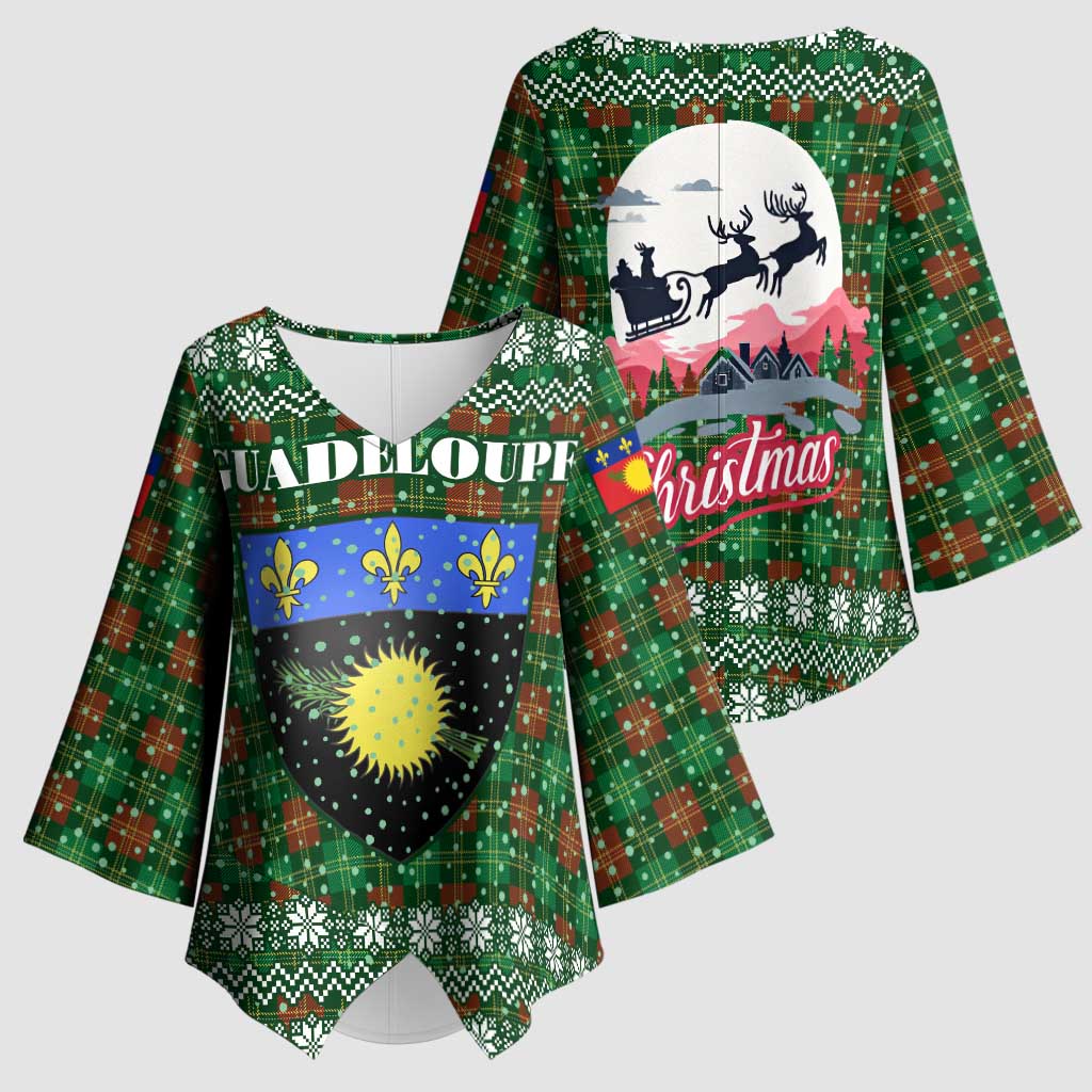 Guadeloupe Christmas Kimono Sleeve Blouse with Green-Red Plaid Design, Sun and Sugarcane Emblem, and Santa Sleigh Motif - Wonder Print Shop