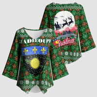 Guadeloupe Christmas Kimono Sleeve Blouse with Green-Red Plaid Design, Sun and Sugarcane Emblem, and Santa Sleigh Motif - Wonder Print Shop