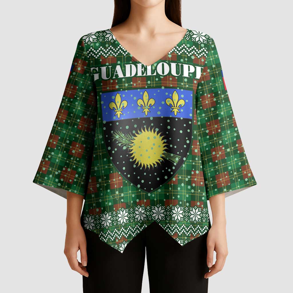 Guadeloupe Christmas Kimono Sleeve Blouse with Green-Red Plaid Design, Sun and Sugarcane Emblem, and Santa Sleigh Motif - Wonder Print Shop