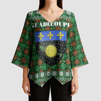 Guadeloupe Christmas Kimono Sleeve Blouse with Green-Red Plaid Design, Sun and Sugarcane Emblem, and Santa Sleigh Motif - Wonder Print Shop