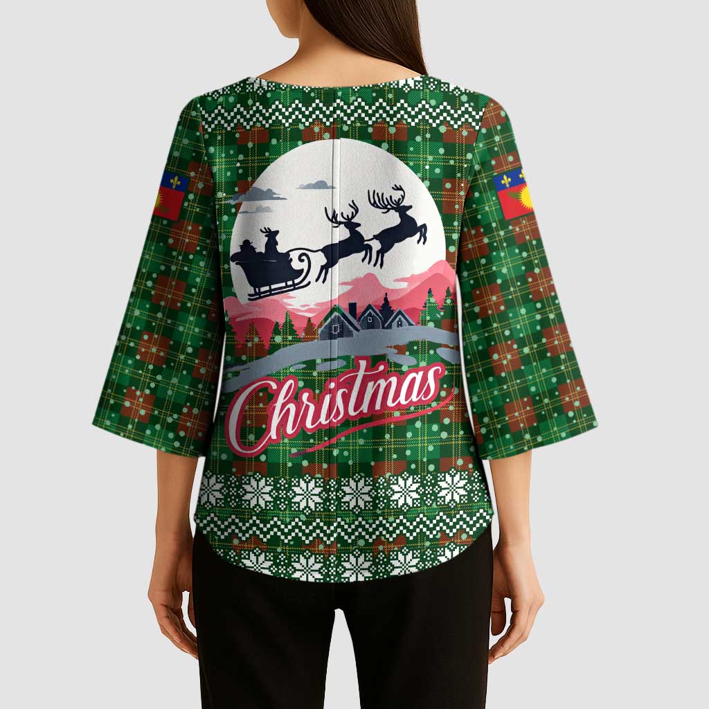 Guadeloupe Christmas Kimono Sleeve Blouse with Green-Red Plaid Design, Sun and Sugarcane Emblem, and Santa Sleigh Motif - Wonder Print Shop