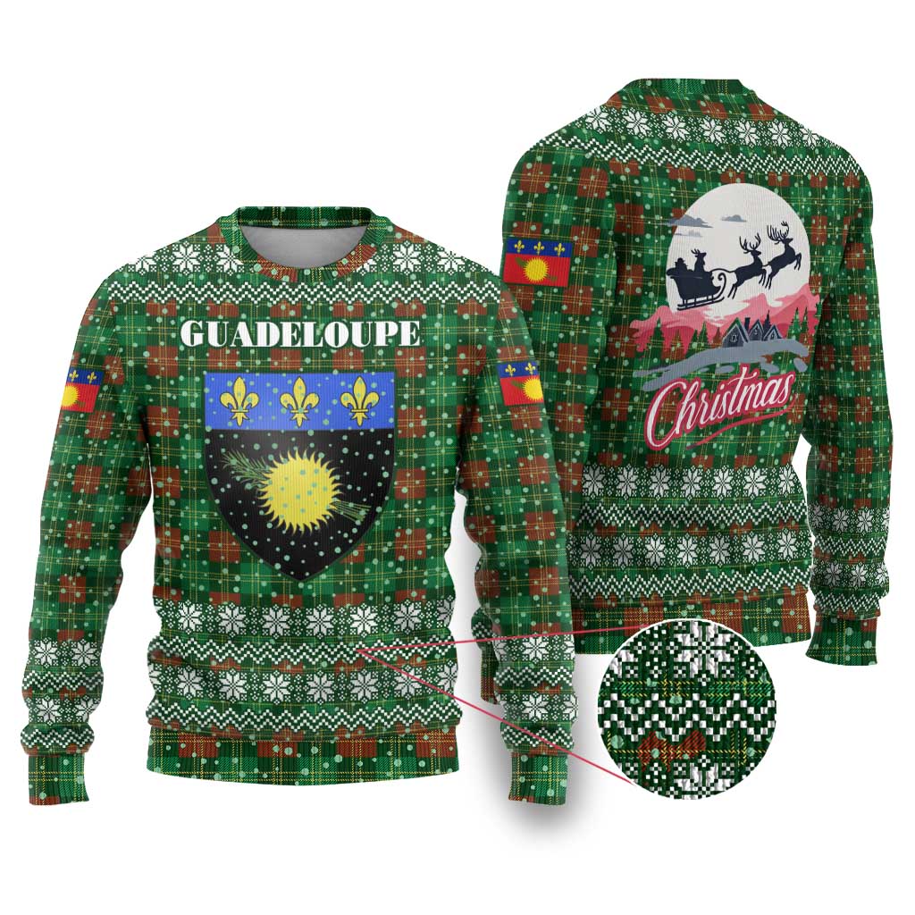 Guadeloupe Christmas Ugly Christmas Sweater with Green-Red Plaid Design, Sun and Sugarcane Emblem, and Santa Sleigh Motif - Wonder Print Shop