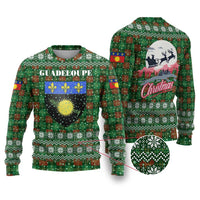 Guadeloupe Christmas Ugly Christmas Sweater with Green-Red Plaid Design, Sun and Sugarcane Emblem, and Santa Sleigh Motif - Wonder Print Shop