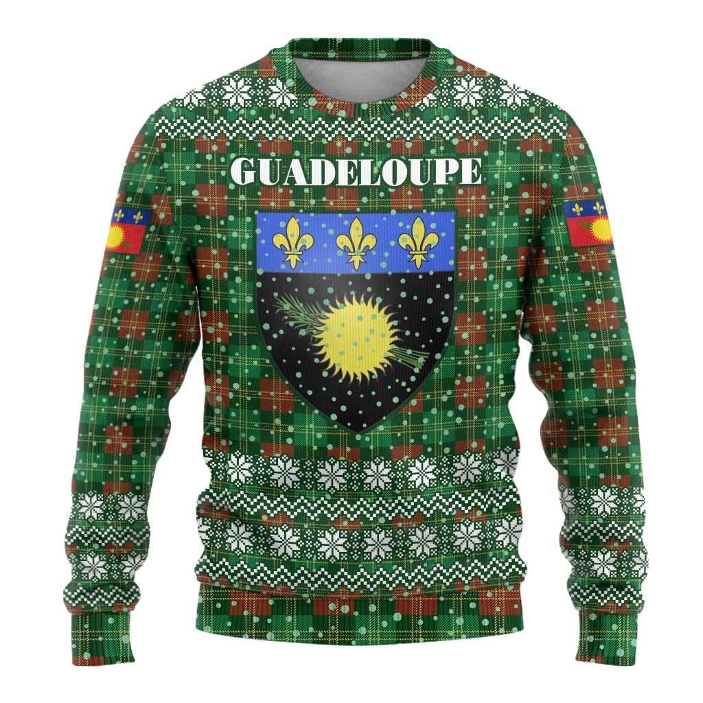 Guadeloupe Christmas Ugly Christmas Sweater with Green-Red Plaid Design, Sun and Sugarcane Emblem, and Santa Sleigh Motif - Wonder Print Shop