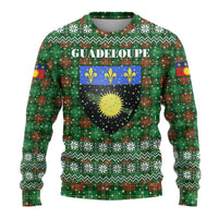 Guadeloupe Christmas Ugly Christmas Sweater with Green-Red Plaid Design, Sun and Sugarcane Emblem, and Santa Sleigh Motif - Wonder Print Shop