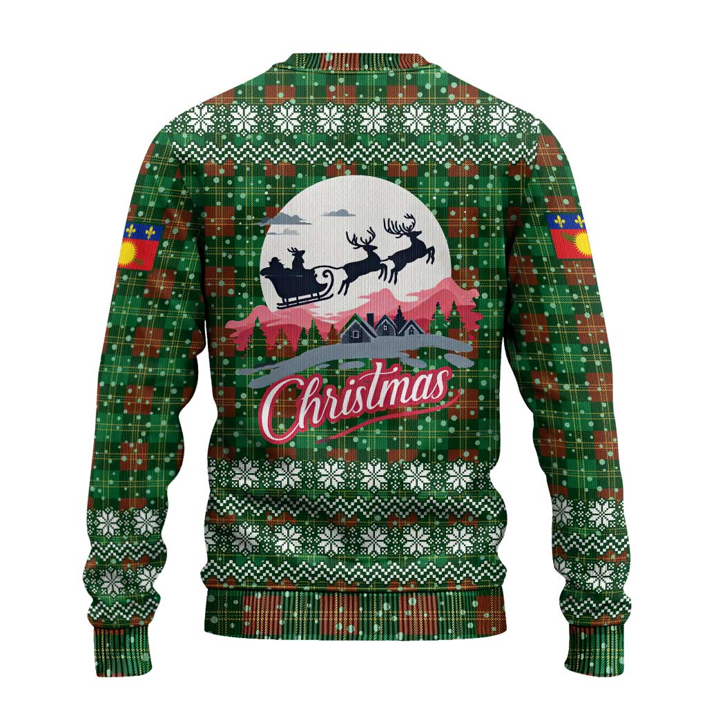 Guadeloupe Christmas Ugly Christmas Sweater with Green-Red Plaid Design, Sun and Sugarcane Emblem, and Santa Sleigh Motif - Wonder Print Shop