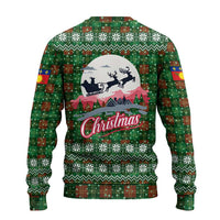 Guadeloupe Christmas Ugly Christmas Sweater with Green-Red Plaid Design, Sun and Sugarcane Emblem, and Santa Sleigh Motif - Wonder Print Shop