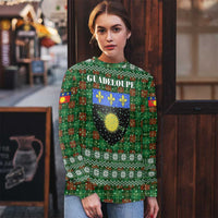 Guadeloupe Christmas Ugly Christmas Sweater with Green-Red Plaid Design, Sun and Sugarcane Emblem, and Santa Sleigh Motif - Wonder Print Shop