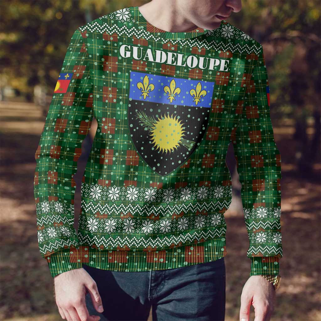 Guadeloupe Christmas Ugly Christmas Sweater with Green-Red Plaid Design, Sun and Sugarcane Emblem, and Santa Sleigh Motif - Wonder Print Shop
