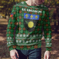 Guadeloupe Christmas Ugly Christmas Sweater with Green-Red Plaid Design, Sun and Sugarcane Emblem, and Santa Sleigh Motif - Wonder Print Shop