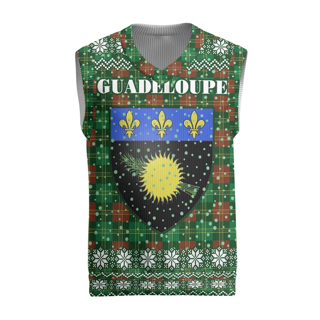 Guadeloupe Christmas Knitted V-Neck Vest with Green-Red Plaid Design, Sun and Sugarcane Emblem, and Santa Sleigh Motif - Wonder Print Shop