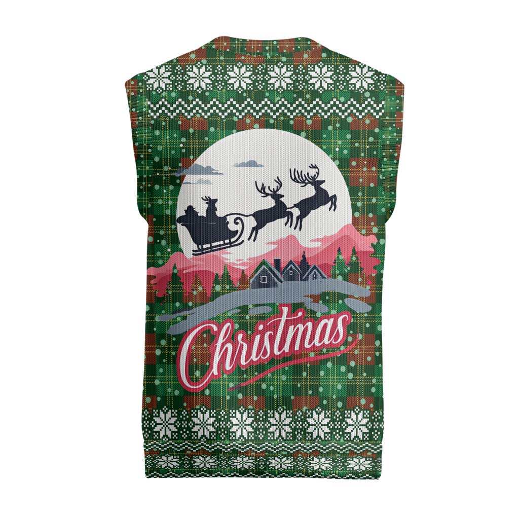 Guadeloupe Christmas Knitted V-Neck Vest with Green-Red Plaid Design, Sun and Sugarcane Emblem, and Santa Sleigh Motif - Wonder Print Shop