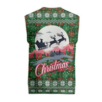 Guadeloupe Christmas Knitted V-Neck Vest with Green-Red Plaid Design, Sun and Sugarcane Emblem, and Santa Sleigh Motif - Wonder Print Shop