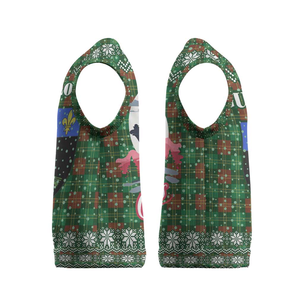 Guadeloupe Christmas Knitted V-Neck Vest with Green-Red Plaid Design, Sun and Sugarcane Emblem, and Santa Sleigh Motif - Wonder Print Shop