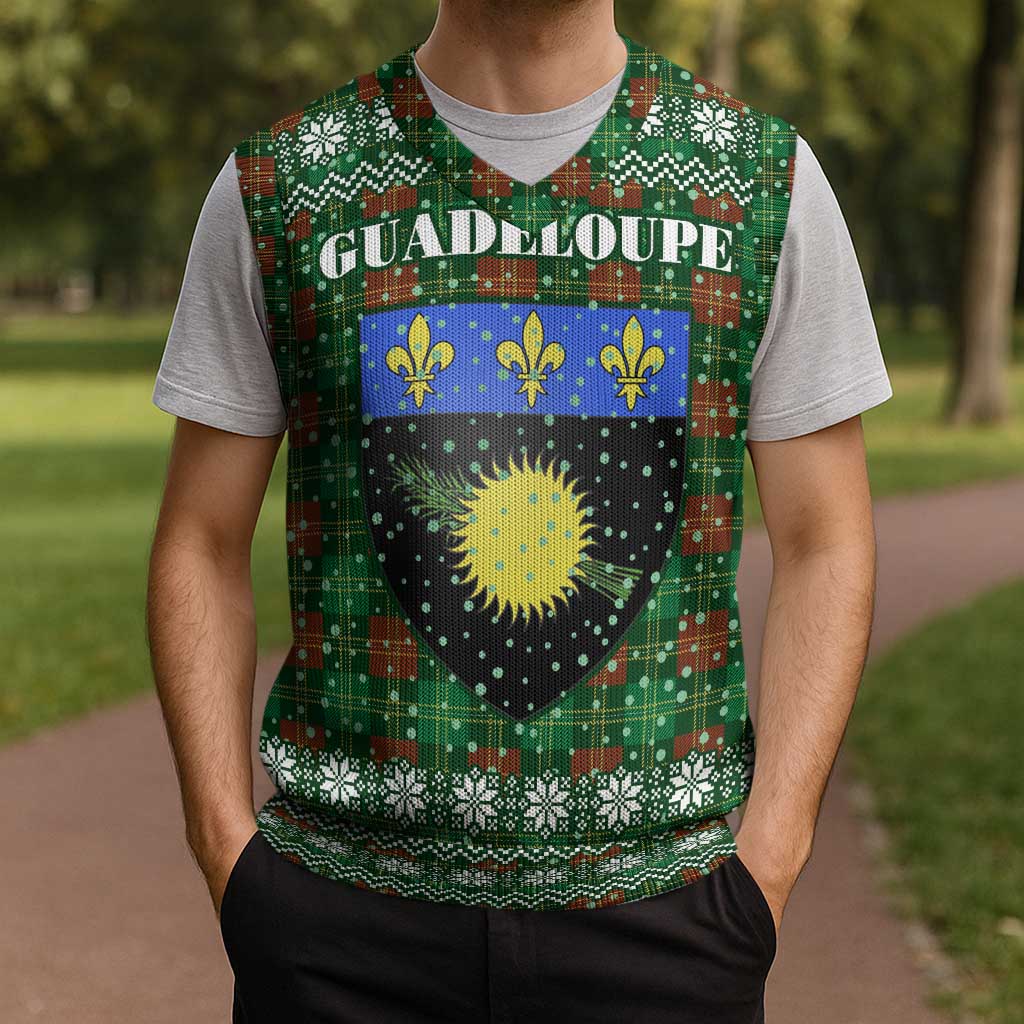 Guadeloupe Christmas Knitted V-Neck Vest with Green-Red Plaid Design, Sun and Sugarcane Emblem, and Santa Sleigh Motif - Wonder Print Shop