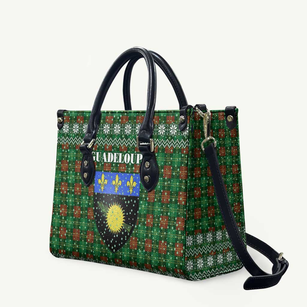 Guadeloupe Christmas Leather Bag with Green-Red Plaid Design, Sun and Sugarcane Emblem, and Santa Sleigh Motif - Wonder Print Shop