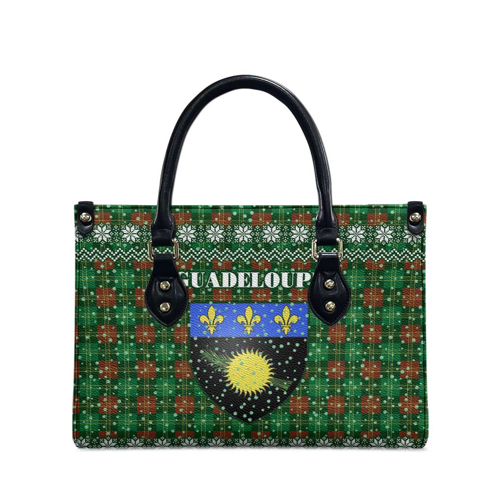 Guadeloupe Christmas Leather Bag with Green-Red Plaid Design, Sun and Sugarcane Emblem, and Santa Sleigh Motif - Wonder Print Shop