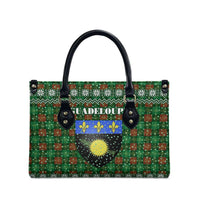 Guadeloupe Christmas Leather Bag with Green-Red Plaid Design, Sun and Sugarcane Emblem, and Santa Sleigh Motif - Wonder Print Shop