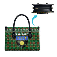 Guadeloupe Christmas Leather Bag with Green-Red Plaid Design, Sun and Sugarcane Emblem, and Santa Sleigh Motif - Wonder Print Shop