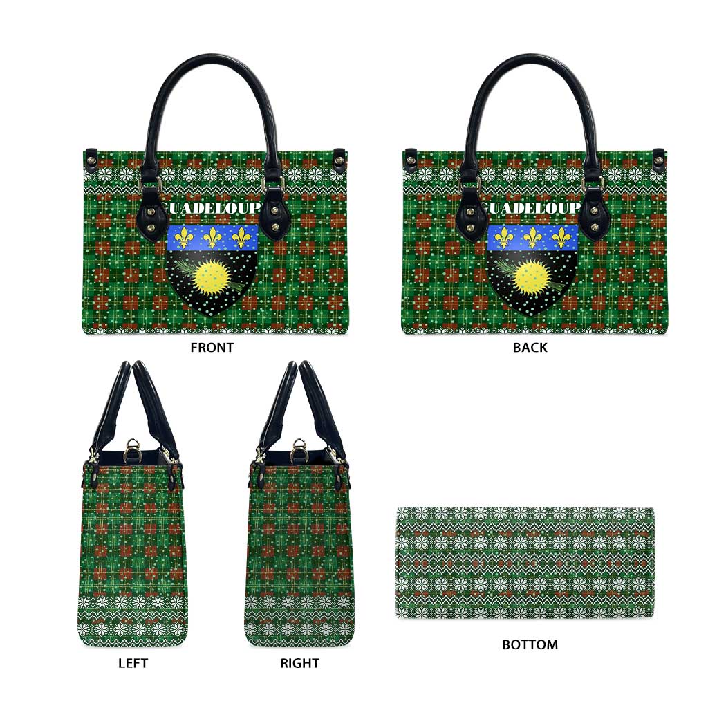 Guadeloupe Christmas Leather Bag with Green-Red Plaid Design, Sun and Sugarcane Emblem, and Santa Sleigh Motif - Wonder Print Shop