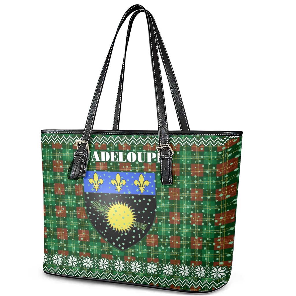 Guadeloupe Christmas Leather Tote Bag with Green-Red Plaid Design, Sun and Sugarcane Emblem, and Santa Sleigh Motif - Wonder Print Shop