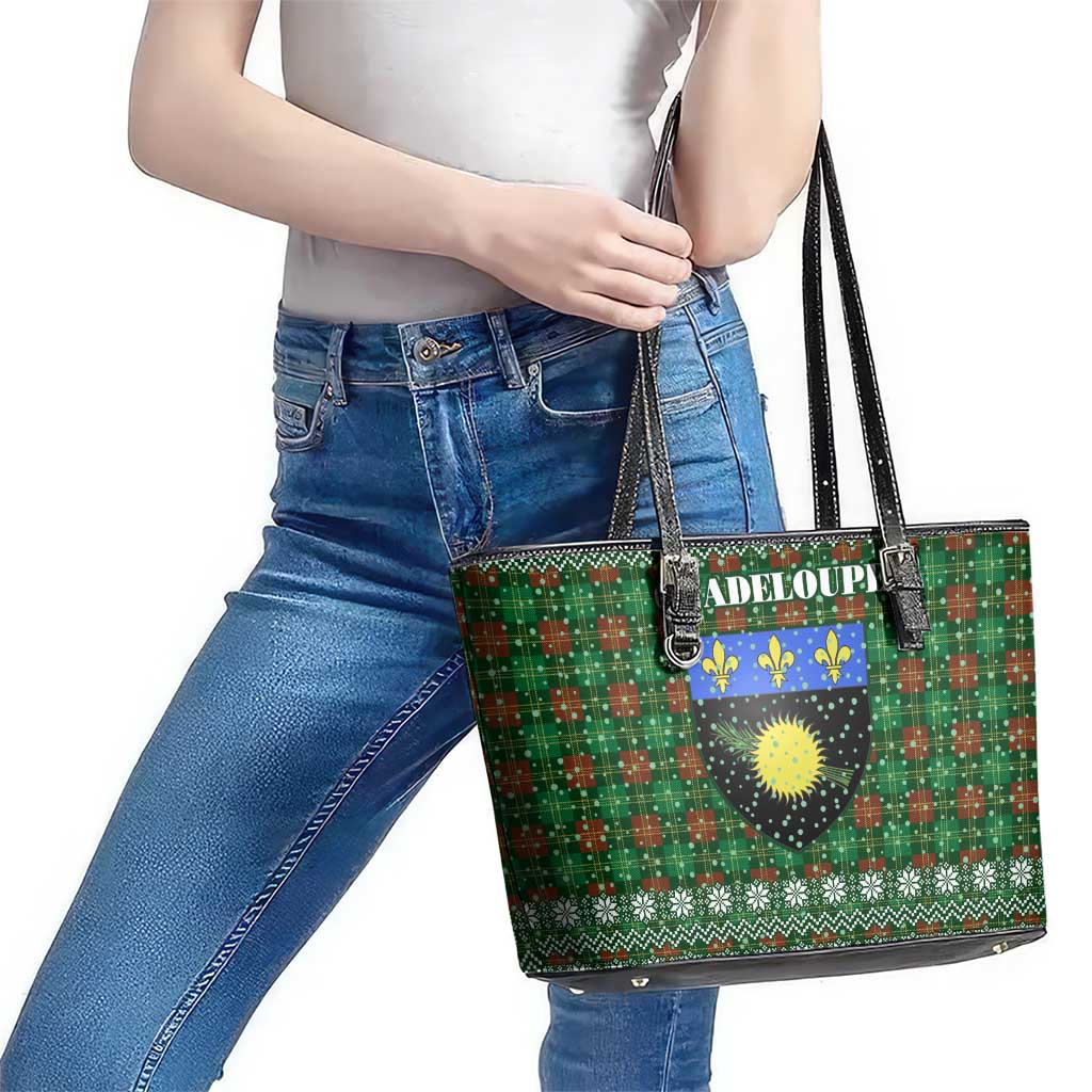 Guadeloupe Christmas Leather Tote Bag with Green-Red Plaid Design, Sun and Sugarcane Emblem, and Santa Sleigh Motif - Wonder Print Shop