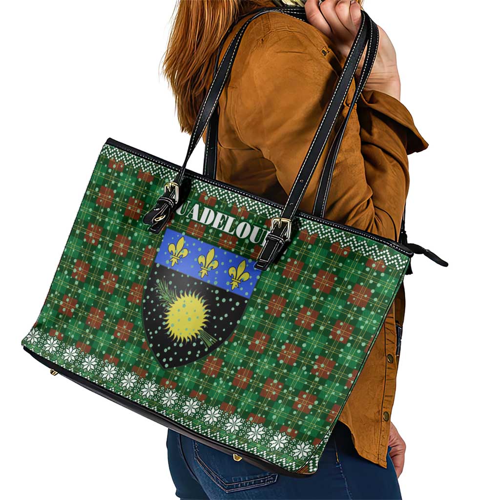 Guadeloupe Christmas Leather Tote Bag with Green-Red Plaid Design, Sun and Sugarcane Emblem, and Santa Sleigh Motif - Wonder Print Shop