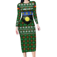 Guadeloupe Christmas Long Sleeve Bodycon Dress with Green-Red Plaid Design, Sun and Sugarcane Emblem, and Santa Sleigh Motif - Wonder Print Shop