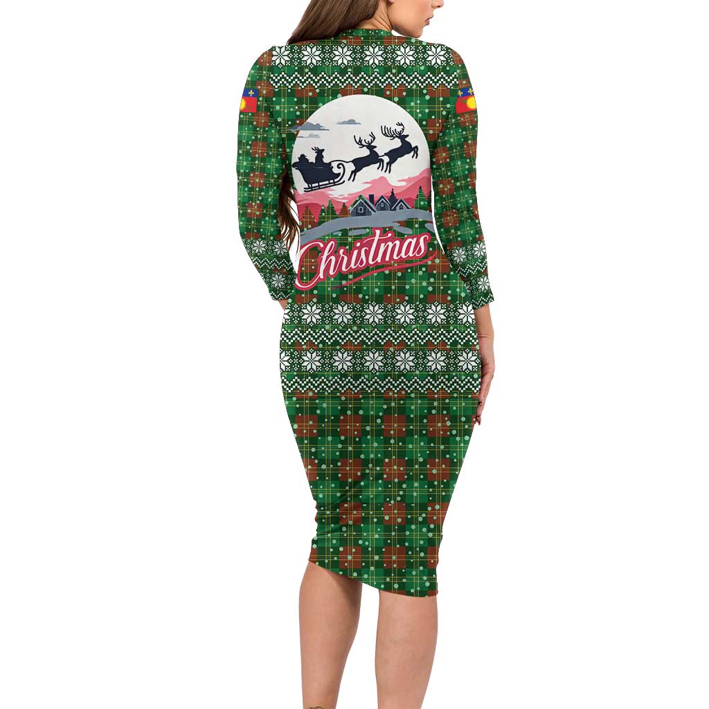 Guadeloupe Christmas Long Sleeve Bodycon Dress with Green-Red Plaid Design, Sun and Sugarcane Emblem, and Santa Sleigh Motif - Wonder Print Shop