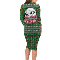 Guadeloupe Christmas Long Sleeve Bodycon Dress with Green-Red Plaid Design, Sun and Sugarcane Emblem, and Santa Sleigh Motif - Wonder Print Shop