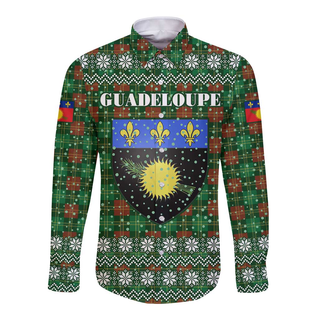 Guadeloupe Christmas Long Sleeve Button Shirt with Green-Red Plaid Design, Sun and Sugarcane Emblem, and Santa Sleigh Motif - Wonder Print Shop