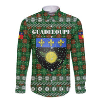 Guadeloupe Christmas Long Sleeve Button Shirt with Green-Red Plaid Design, Sun and Sugarcane Emblem, and Santa Sleigh Motif - Wonder Print Shop
